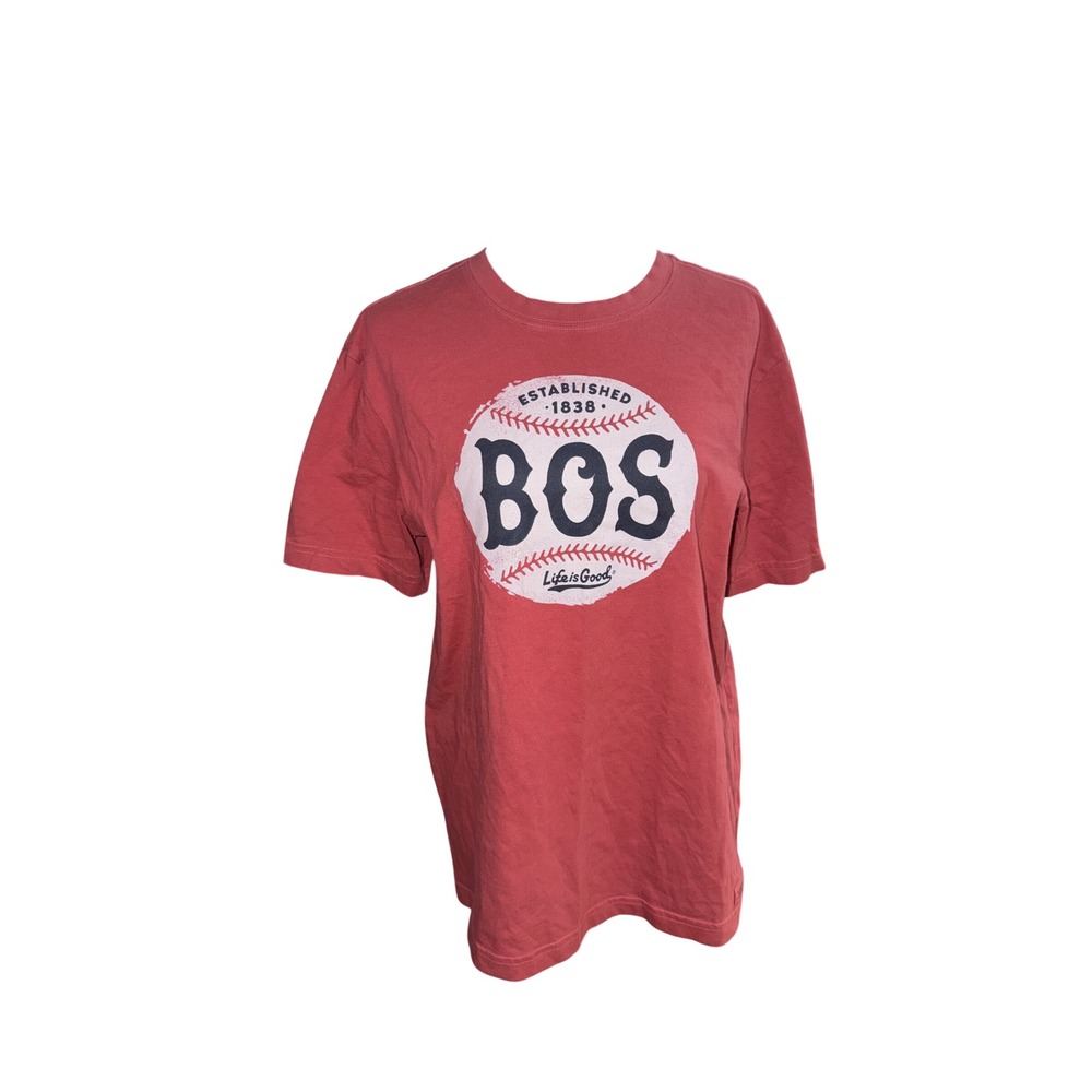 Life is Good Mens Boston Baseball BOS Graphic T-Shirt Red Cotton Short Sleeve